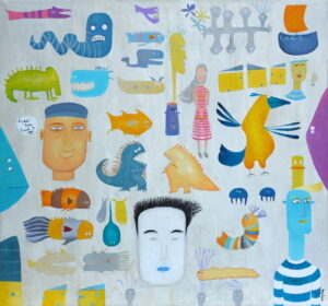 Colourful figurative oil painting featuring human faces, imaginary animals, birds, fish and whimsical creatures arranged across a pale background.